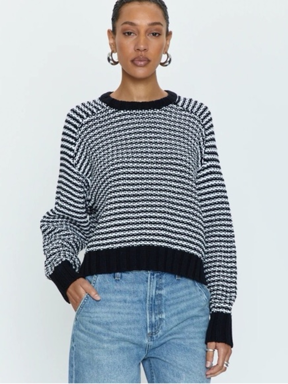 pistola Black & White Striped Textured Crewneck Sweater